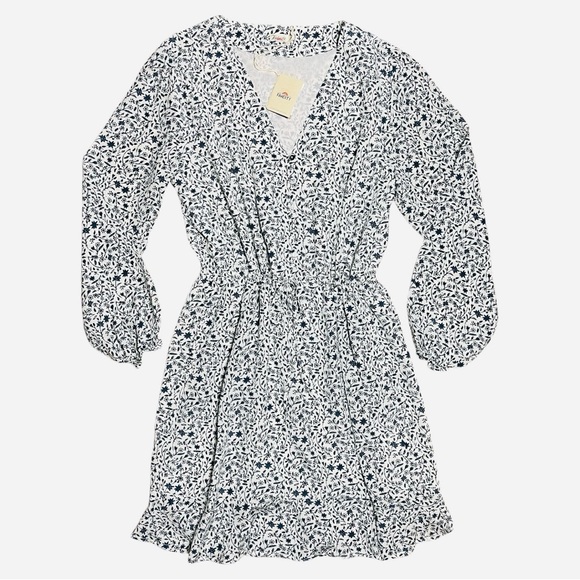 Faherty Kennedy 100% Silk Spring Daisy Dress NWT In White & Blue Floral Sz L - Picture 1 of 16